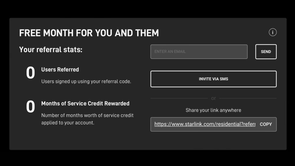 Starlink referral ID on the account dashboard