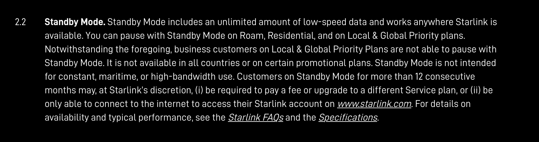 Starlink Standby Mode policy