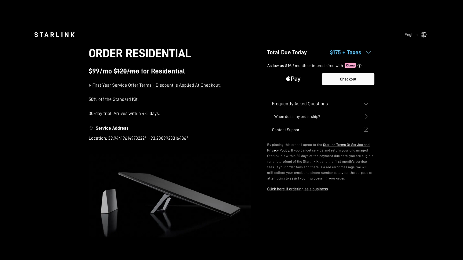 Starlink order page with 50 percent off promotion applied